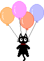 black cat attached to balloons